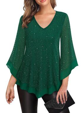 Women's Mesh Shirt Green Double Layer Ruffle 3/4 Flared Sleeve Blouse Tunic Top